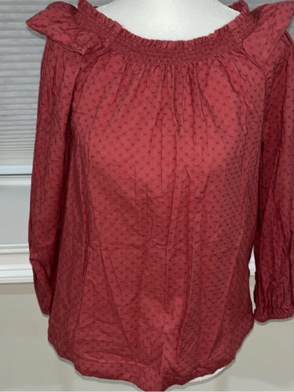 Sonoma Brick Red Smocked Neck Long-Sleeve Blouse